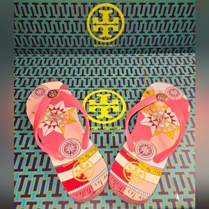 Tory Burch Pink and Yellow Graphic Flip Flops